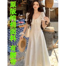 批发2026新款在逃公主裙夏季短袖<b class='q'>连衣裙</b>女纯棉度假风显瘦收腰连身裙子