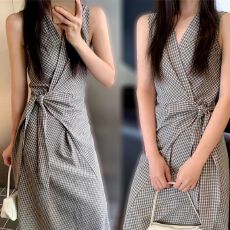 批发2026夏季新款甜美收腰复古黑蓝格子<b class='q'>套装</b>背心裙无袖A字连衣裙法式