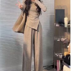 批发2026春秋季女新款收腰不规则圆领上衣灰色高腰直筒裤显瘦两件<b class='q'>套装</b>