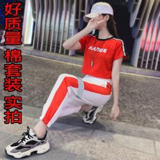批发好质量 2026夏季新款嘻哈运动套装女印花短袖t恤9分裤两件套实拍