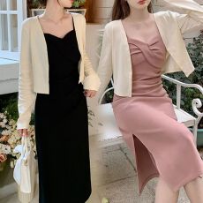 批发抖音爆款秋季两件套裙装气质百搭显瘦吊带裙+开衫设计感温柔<b class='q'>开叉</b>