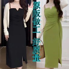 批发<b class='q'>大码</b>吊带连衣裙女夏季开衫新款微胖mm性感遮肚显瘦开叉长裙子女装