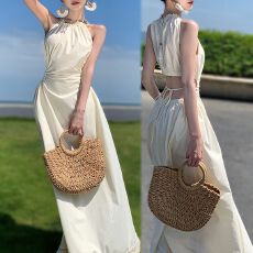 批发新款夏季镂空露腰挂脖系带收腰显瘦度假风<b class='q'>流苏</b>长裙超仙<b class='q'>连衣裙</b>子