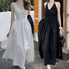 批发26法式白色挂脖吊带连衣裙女夏泰国仙气森系露背海边度假蓬蓬长裙