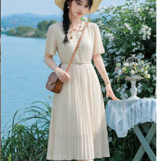 批发原版质量 送腰带 文艺法式夏季复古气质名媛女收腰显瘦<b class='q'>百褶</b><b class='q'>连衣裙</b>