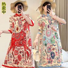 今年热卖 2026夏新款大码三宅宽松中式裙子马洋气褶皱印花连衣裙