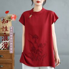 批发2026夏季新款刺绣盘扣上衣中国风T恤新中式国风亚麻<b class='q'>马甲</b>背心衬衣