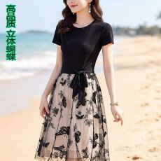 批发<b class='q'>雪纺</b>连衣裙子女士夏季2026年新款假两件短袖妈妈气质小个子中长裙