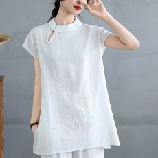 批发2026夏季新款刺绣盘扣上衣<b class='q'>中国风</b><b class='q'>T</b><b class='q'>恤</b>新中式国风亚麻马甲背心衬衣