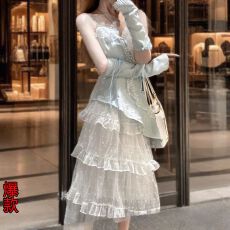 批发2026夏季新款韩系甜美不规则荷叶边吊带上衣<b class='q'>连衣裙</b>女两件套装<b class='q'>可爱</b>