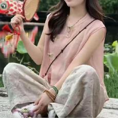 批发新女装休闲夏季禅意新中式棉麻套装女盘扣无袖马甲两件套文艺国风
