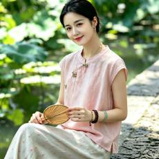 批发甜美温柔风新中式国风纯色无袖小衫阔腿裤女2026夏季时尚遮肉套装