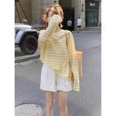 批发撞色条纹<b class='q'>T</b><b class='q'>恤</b>女<b class='q'>长袖</b>2026夏季新款衣服休闲宽松薄款防晒衣罩衫上衣