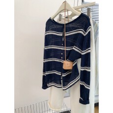 批发藏青色条纹冰丝针织<b class='q'>长袖</b><b class='q'>t</b><b class='q'>恤</b>女夏季2026新款薄款镂空防晒罩衫上衣