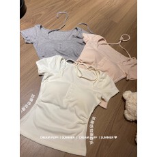 批发短袖t恤女辣妹修身<b class='q'>假两件</b>挂脖系带 带胸垫掐腰上衣