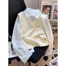 批发2025早秋新款条纹假两件拼接<b class='q'>衬衫</b>女韩系内搭叠穿针织马甲上衣外穿