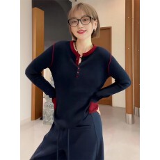 批发设计感撞色长袖<b class='q'>针织</b>衫<b class='q'>女</b>秋装新款气质遮肚显瘦内搭打底衫修身上衣
