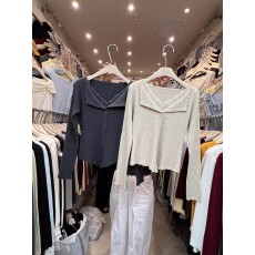 批发2025<b class='q'>秋装</b>新款法式温柔风木耳边翻领针织开衫女蕾丝拼接修身毛衣