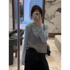 批发韩系圆领长袖T恤女早<b class='q'>秋装</b>新款设计感小众吊带假两件短款针织上衣