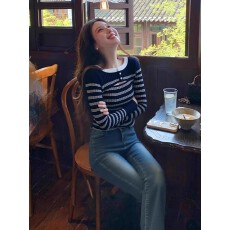 批发秋冬复古慵懒撞色条纹毛衣针织打底衫女内搭<b class='q'>镂空</b>修身显瘦长袖上衣