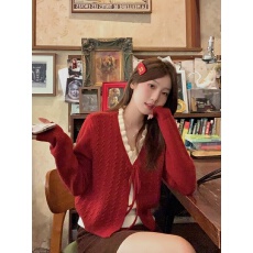 批发韩系拼接木耳边假两件v领毛衣女系带慵懒感软糯加厚短款<b class='q'>开衫</b>上衣