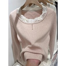 批发蕾丝边拼接长袖针织衫毛衣女2025秋冬新款短款修身内搭打底衫上衣