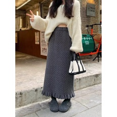 批发甜美风深灰色波点高腰<b class='q'>半身</b>裙女秋冬减龄显瘦A字裙中<b class='q'>长裙</b>