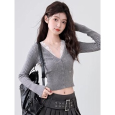 批发2025秋冬新款美式复古蕾<b class='q'>丝</b>拼接长袖针织衫女修身显瘦辣妹短款上衣