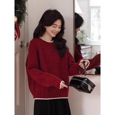 批发新年红色毛衣女2025秋冬季新款时尚百搭设计感宽松圆领长袖针织衫