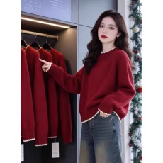 批发法式花边圆领针织衫毛衣秋冬新年红色宽松内搭打底衫上衣