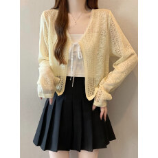 批发奶黄色钩花镂空防晒开衫外套女2026<b class='q'>夏季</b>新款外搭镂空设计感上衣