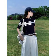 批发小香风针织短袖T恤女夏装新款<b class='q'>韩版</b>洋气修身正肩Polo衫体恤上衣潮