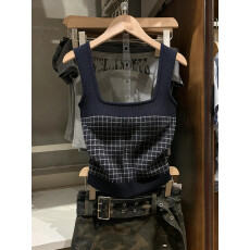 批发复古设计感格纹方领针织背心女修身<b class='q'>显瘦</b>短款内搭外穿短款百搭上衣