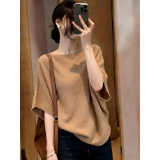 批发韩系漂亮设计感咖色半袖上衣女夏季绝美巨好看的冰丝针织短袖t恤