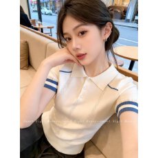 批发春夏季新款撞色条纹翻领针织polo衫女短袖简约百搭设计感短款上衣