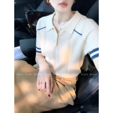 批发夏季新款学院风撞色翻领短袖<b class='q'>针织衫</b>女时尚百搭减龄修身短款上衣女