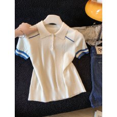 批发韩系学院风翻领冰丝<b class='q'>针织衫</b>女夏薄款正肩百搭减龄翻领短袖T恤上衣