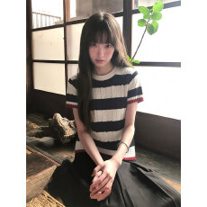 批发韩系撞色条纹针织短袖<b class='q'>t</b><b class='q'>恤</b>女夏季2026新款设计感小众修身显瘦上衣