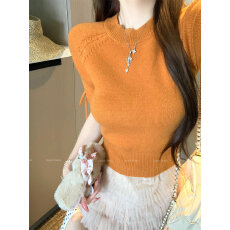 批发巨好看的减龄橘色圆领绑带针织短袖<b class='q'>t</b><b class='q'>恤</b>女夏季短款小衫显瘦ins上衣