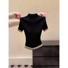 批发高端欧货半高领短袖针织<b class='q'>打底衫</b>女春秋内搭修身t恤黑色<b class='q'>条纹</b>上衣