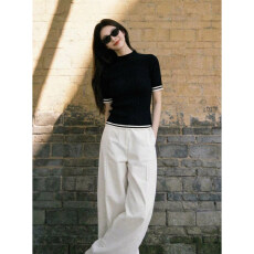 批发黑色半高领<b class='q'>条纹</b>针织短袖T恤女早春高知穿搭半袖<b class='q'>打底衫</b>内搭小上衣