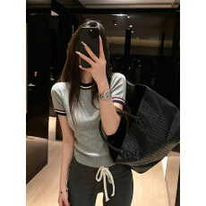 批发韩系撞色正肩冰<b class='q'>丝</b>针织短袖t恤女夏季显瘦修身短款休闲打底衫上衣