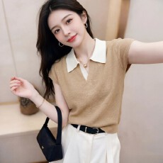 批发夏季新款撞色POLO领薄款短袖针织衫女显瘦时尚百搭翻领上衣t恤潮