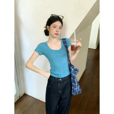 批发正肩短袖t恤女夏季2026新款蓝色U领体恤修身半袖百搭短款显瘦上衣
