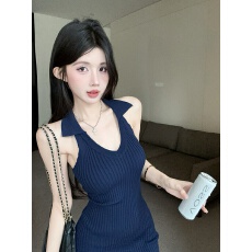 批发藏蓝色针织挂脖吊带<b class='q'>连衣裙</b>女夏季纯欲性感小妈包臀裙抹胸背心裙子
