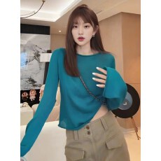 批发韩版高级感卷边喇叭袖打底衫女装春秋新款慵懒风百搭显瘦内搭<b class='q'>罩衫</b>