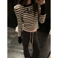 批发韩味穿搭条纹针织衫女春秋新款撞色内搭长袖打底ins辣妹短款上衣