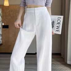 批发窄版白色麻料冰丝<b class='q'>亚麻</b><b class='q'>阔腿裤</b>女2025夏季薄款高腰垂感棉麻直筒<b class='q'>裤</b>子