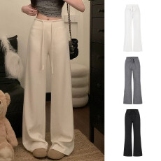 批发白色休闲运动卫裤女春<b class='q'>秋</b>高腰垂感拖地阔腿裤慵懒松弛感松紧腰长裤