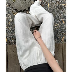 批发白色100%纯亚麻阔腿裤<b class='q'>女</b>夏季薄棉麻透气高腰休闲老钱风垂感直筒裤